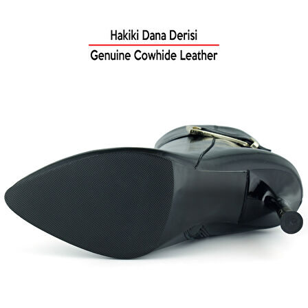 [MAX 1431] Siyah Rugan Hakiki Dana Derisi Tokalı Fermuarlı Sivri Burun İnce Topuklu Günlük Bot