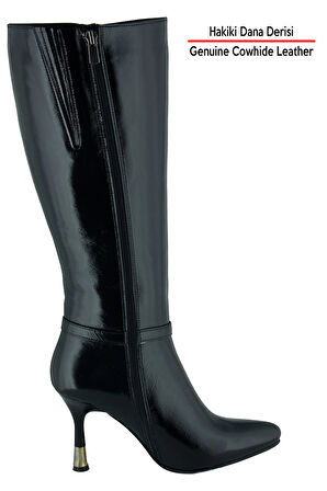 [MAX 1430] Siyah Rugan Hakiki Dana Derisi Tokalı Fermuarlı Sivri Burun İnce Topuklu Çizme