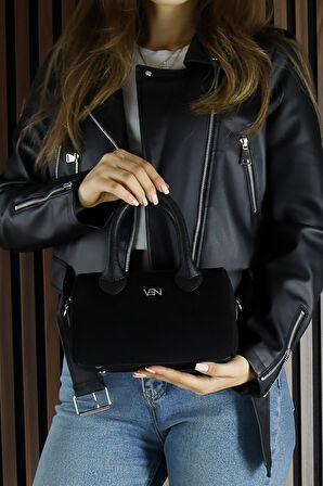 Erkan Saçmacı Siyah Hakiki Dana Süet Fermuarlı Askılı İç Cepli Küçük Boy Günlük Omuz Çantası