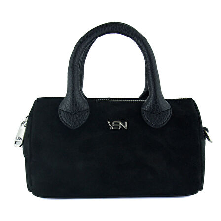 Erkan Saçmacı Siyah Hakiki Dana Süet Fermuarlı Askılı İç Cepli Küçük Boy Günlük Omuz Çantası