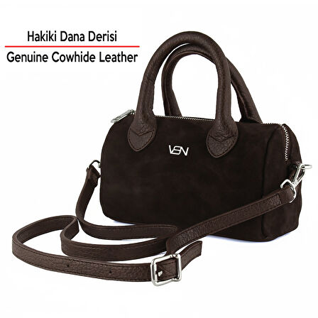 Erkan Saçmacı Kahve Hakiki Dana Süet Fermuarlı Askılı İç Cepli Küçük Boy Günlük Omuz Çantası