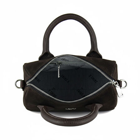 Erkan Saçmacı Kahve Hakiki Dana Süet Fermuarlı Askılı İç Cepli Küçük Boy Günlük Omuz Çantası