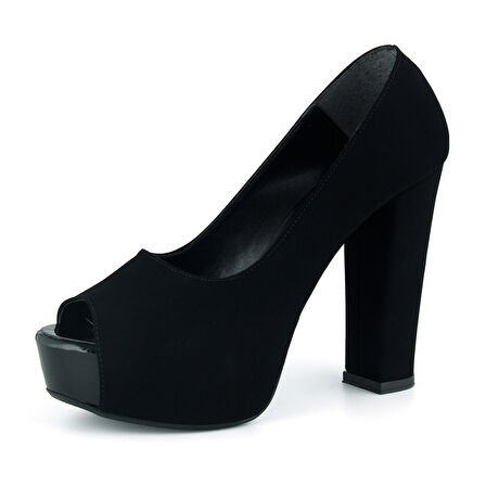 Erkan Saçmacı Carolina Siyah Süet Önü Açık Yuvarlak Burun Kalın Platform Topuklu Abiye Ayakkabı