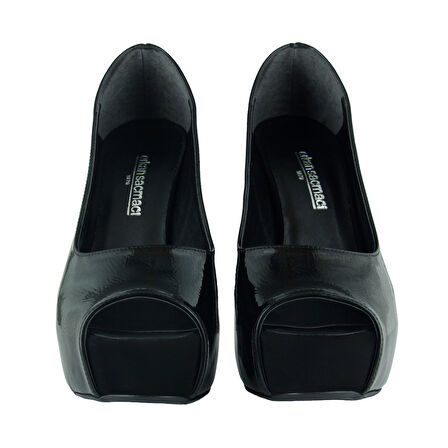 Erkan Saçmacı Carolina Siyah Rugan Önü Açık Yuvarlak Burun Kalın Platform Topuklu Abiye Ayakkabı