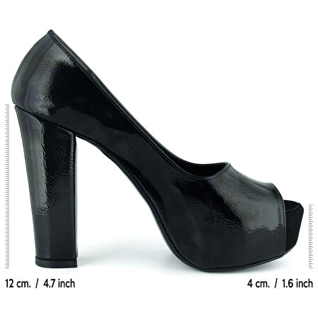 Erkan Saçmacı Carolina Siyah Rugan Önü Açık Yuvarlak Burun Kalın Platform Topuklu Abiye Ayakkabı