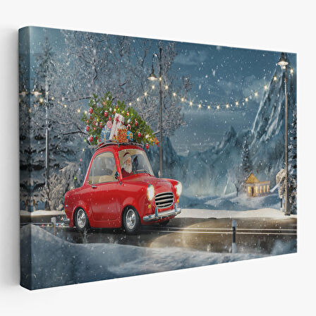 Noel Baba ve Küçük Kırmızı Retro Arabası Kanvas Duvar Tablosu-3752
