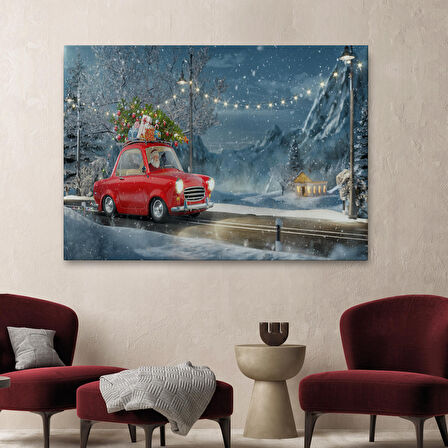 Noel Baba ve Küçük Kırmızı Retro Arabası Kanvas Duvar Tablosu-3752