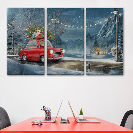 Noel Baba ve Küçük Kırmızı Retro Arabası Kanvas Duvar Tablosu-3752