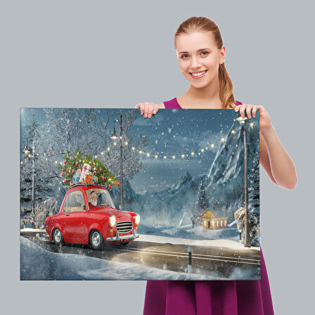 Noel Baba ve Küçük Kırmızı Retro Arabası Kanvas Duvar Tablosu-3752