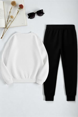 Unisex Kurdele Tasarım Baskılı Bisiklet Yaka Sweatshirt 2'li Eşofman Takımı