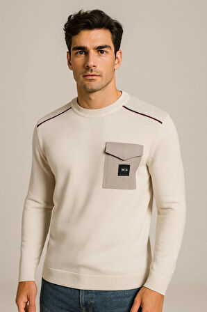 Erkek Triko Bisiklet Yaka Cep Detaylı Beyaz 3753