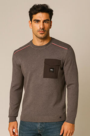 Erkek Triko Bisiklet Yaka Cep Detaylı Gri 3753