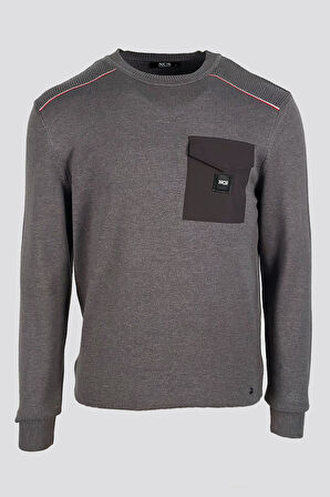 Erkek Triko Bisiklet Yaka Cep Detaylı Gri 3753