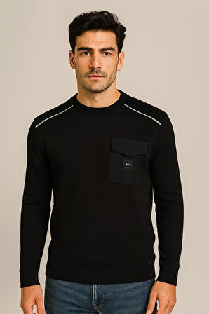 Erkek Triko Bisiklet Yaka Cep Detaylı Siyah 3753