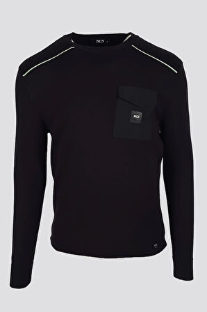 Erkek Triko Bisiklet Yaka Cep Detaylı Siyah 3753