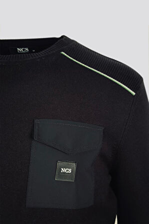 Erkek Triko Bisiklet Yaka Cep Detaylı Siyah 3753