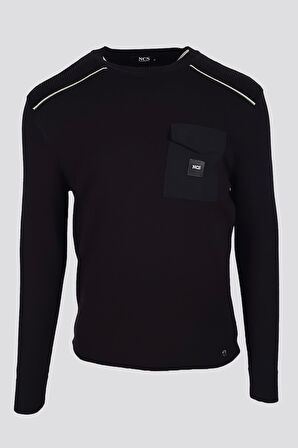 Erkek Triko Bisiklet Yaka Cep Detaylı Siyah 3753