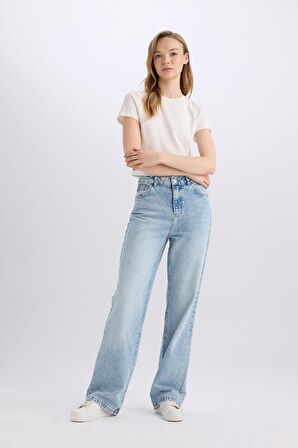 90's Wide Leg Yüksek Bel Uzun Jean Yıkamalı Pantolon