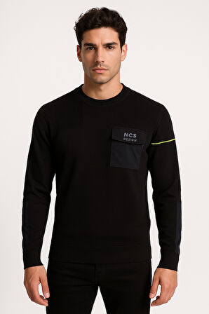 Erkek Triko Bisiklet Yaka Cep Detaylı Siyah 3755