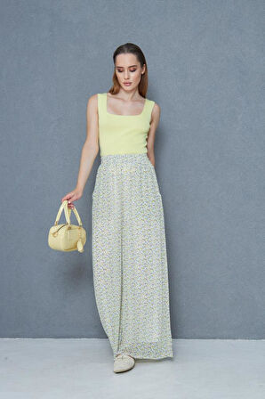 Kadın Pantolon, Şifon Astarlı Cepli Beli Lastikli Çiçek Desenli, Bol Paça 3756385