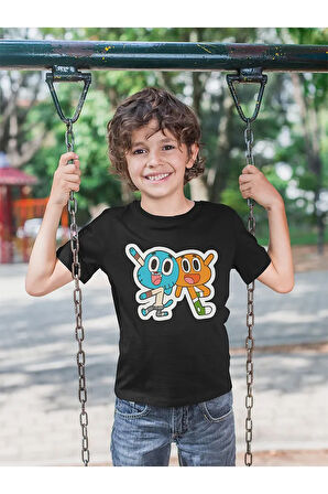 Gumball Ve Darwin Baskılı Unisex Çizgi Film Çocuk Tişört (1-12 YAŞ)