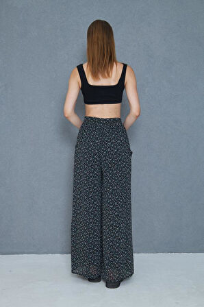 Kadın Pantolon, Şifon Astarlı Cepli Beli Lastikli Çiçek Desenli, Bol Paça 3756385