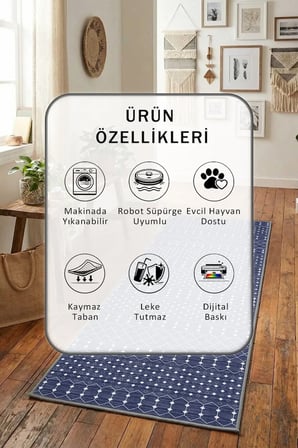 Umay Modern Dijital Baskı Yıkanabilir Kaymaz Yolluk Halı Lacivert