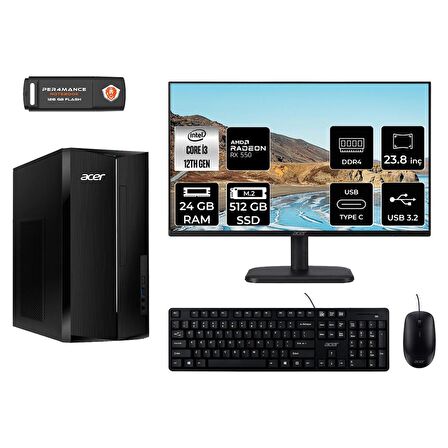 Acer Aspire TC1760 i3 12100 24GB 512GB SSD RX550/4GB FDOS DT.BHUEM.004 MASAÜSTÜ PC & 23.8" MONİTÖR