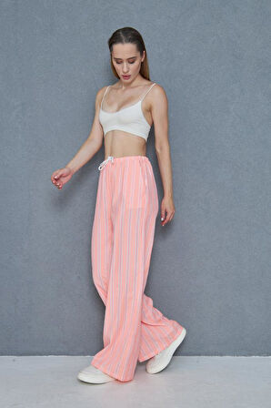 Kadın Bol Paça Poplin Pantolon – Cepli, Beli Bağcıklı, Fisto Detaylı, Rahat Kesim 3757176