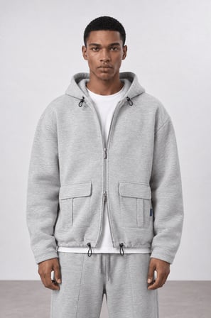Erkek Cep Detaylı Panda Oversize Zip Gri Melanj