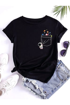 Unisex Figure Astronot Cep Detayı Baskılı Tasarım Tshirt