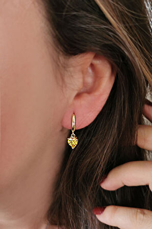 Sarı Taşlı Altın Kalp Küpe