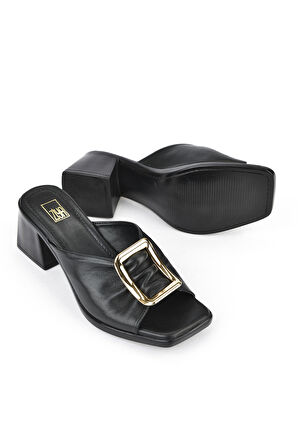 Ziya, Kadın Hakiki Deri Topuklu Terlik 151992Z19008 Siyah