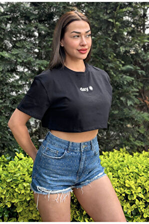 Kadın Bisiklet Yaka Baskılı Oversize Crop T-shirt