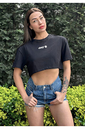 Kadın Bisiklet Yaka Baskılı Oversize Crop T-shirt