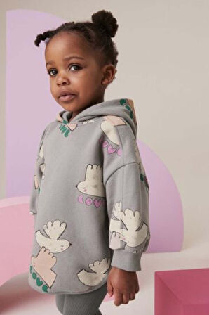 Next Baby Pamuklu Gri Kapüşonlu Uzun Kollu Sweatshirt Tayt Alt Üst Takım