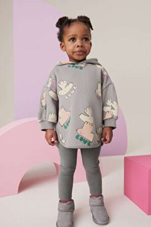 Next Baby Pamuklu Gri Kapüşonlu Uzun Kollu Sweatshirt Tayt Alt Üst Takım