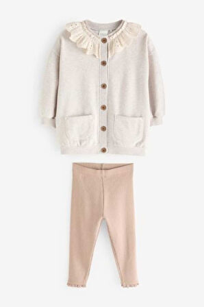 Next Baby Pamuklu Krem Dantel Yaka Hırka Pembe Tayt Alt Üst Takım
