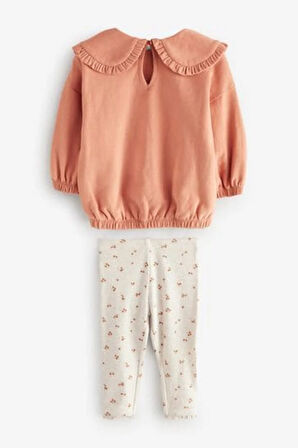 Next Baby Pamuklu Orange Çiçek Desenli Bebe Yaka Sweatshirt Tayt Alt Üst Takım