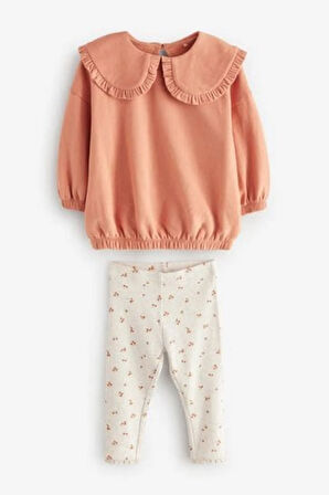 Next Baby Pamuklu Orange Çiçek Desenli Bebe Yaka Sweatshirt Tayt Alt Üst Takım