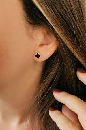 Siyah Taşlı Vidalı Altın Küpe