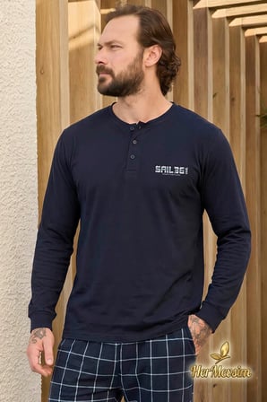 Aydoğan Erkek Pijama Takımı %100 Pamuk Süprem Patlı Yaka Uzun Kol Lacivert Tuna 260540