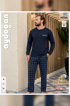 Aydoğan Erkek Pijama Takımı %100 Pamuk Süprem Patlı Yaka Uzun Kol Lacivert Tuna 260540