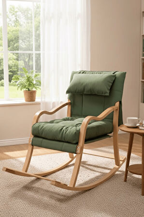 Reyo Paşa Ahşap Sallanan Sandalye Fermuarlı Kılıf, Boyun Yastıklı Dinlenme Koltuğu Yeşil