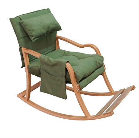 Reyo Paşa Ahşap Sallanan Sandalye Fermuarlı Kılıf, Boyun Yastıklı Dinlenme Koltuğu Yeşil