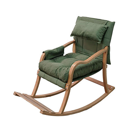 Reyo Paşa Ahşap Sallanan Sandalye Fermuarlı Kılıf, Boyun Yastıklı Dinlenme Koltuğu Yeşil