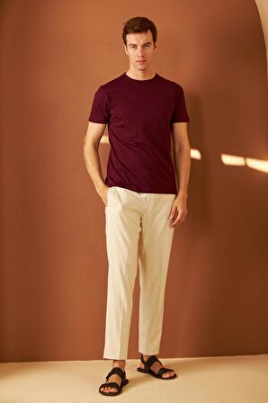 Erkek Bisiklet Yaka Slim Fit Basic Tişört Bordo