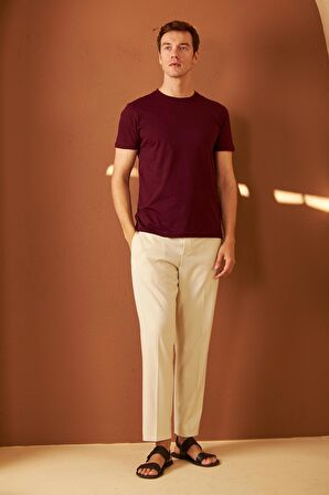 Erkek Bisiklet Yaka Slim Fit Basic Tişört Bordo