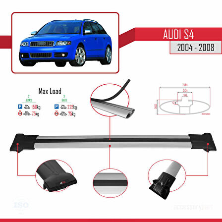 Audi S4 2004-2008 Arası ile Uyumlu FLY Model Ara Atkı Tavan Barı Gri 2 Adet