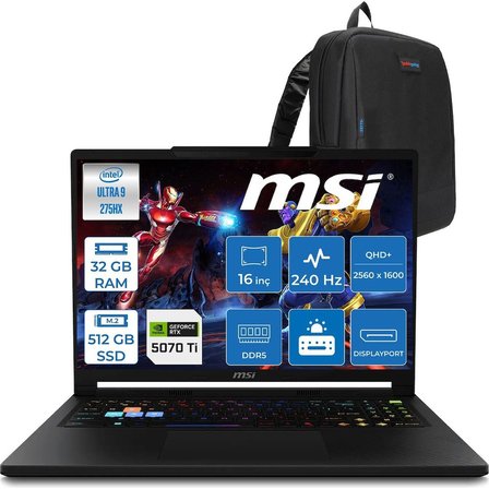 MSI Msı Raider 16 Hx B2WH-091TR Intel Ultra 9 275HX Aı 32GB Ddr5 512GB SSD 12GB/RTX5070Tİ 140W 16" QHD+(2560X1600), 240Hz IPS 100% Dcı-P3 Freedos Gaming Laptop MSW091TRF09+ZETTAÇANTA